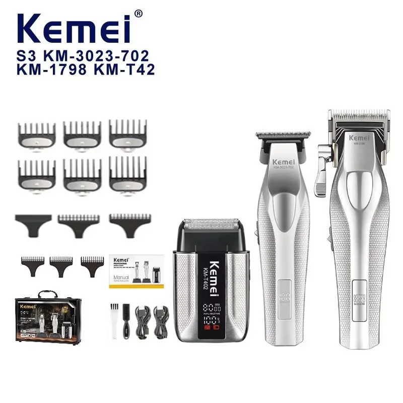 Kemei Barber Professional Hair Clipper Set Cordless Hair Trimmer Full Metal Body Razor Electric Foil Shaver Hair Cutting Machine