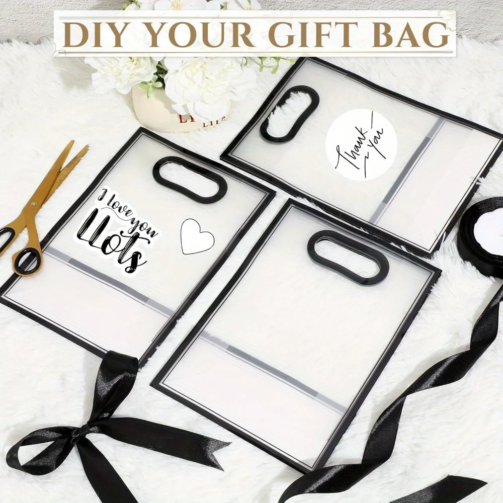 10Pcs Clear Plastic Gift Bag with Die Cut Handles Reusable PP Favor Bag with Ribbon for Wedding Bridal Birthday Party Goodies