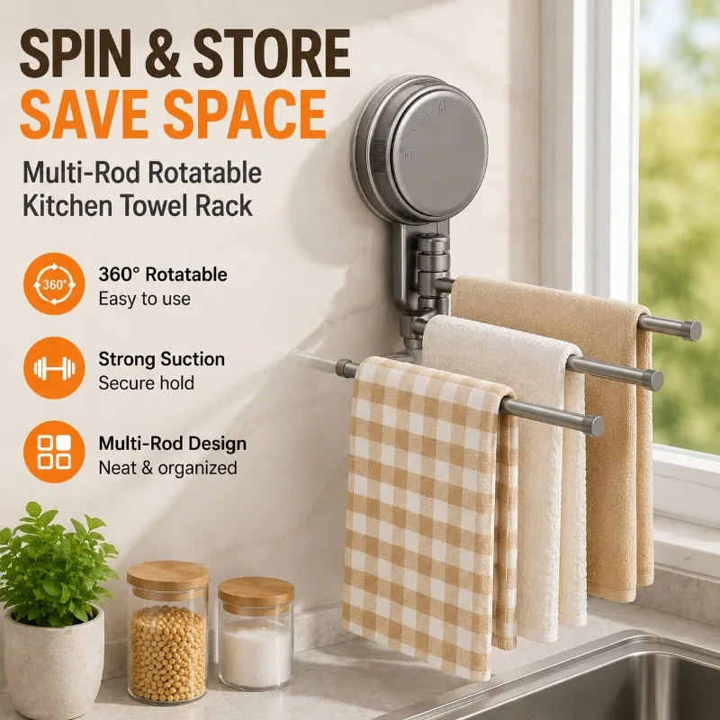 Rotatable Multi-rod Kitchen Cloth Rack Suction Cup Dish Sink Window Sill Drainer Wall Mounted Towel Storage Household Organizer