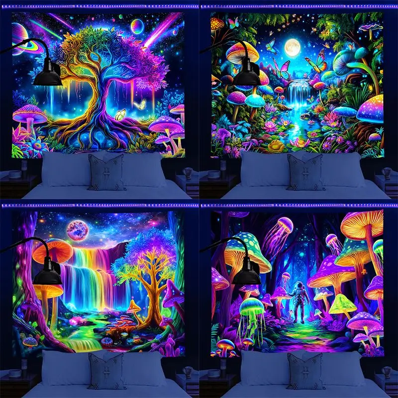 VIKAMA Blacklight Tapestry Wall Hanging Uv Reactive Mushroom Forest Waterfall Tree Of Life Psychedelic Trippy Wall Art Decor