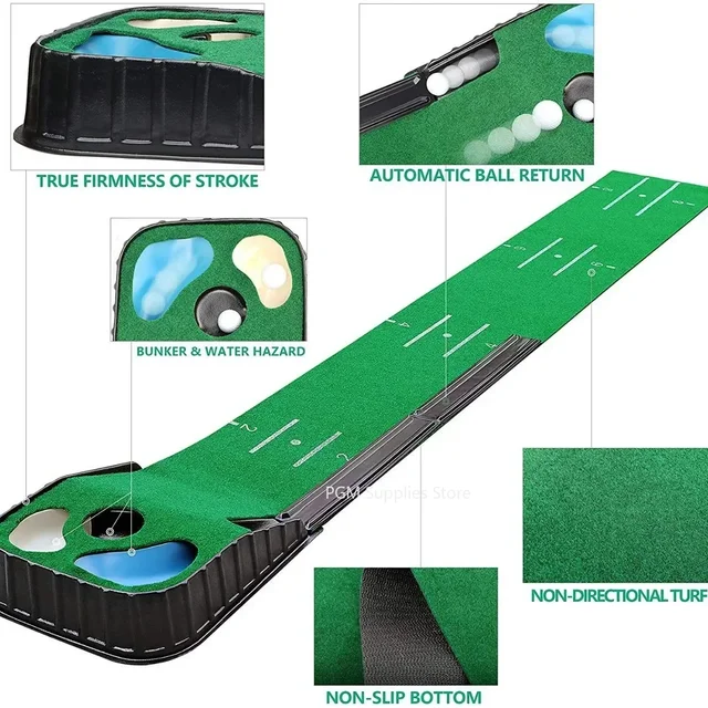PGM Golf Indoor Putting Mat Putter Trainer Zielony dywan Zestaw do ćwiczeń Maty do powrotu piłek