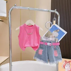 Children's Summer Set 2024 New Simple and Comfortable Fashion Children's Pink Vest T Belt Raw Edge Shorts Set