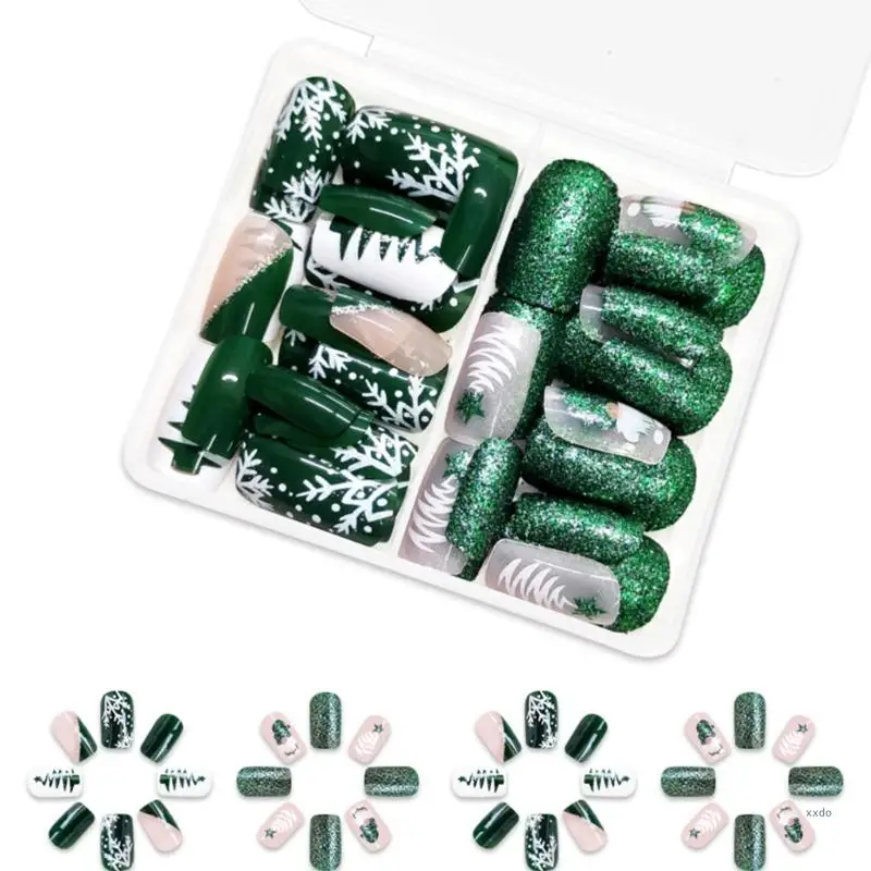 48 Pcs Christmas False Nails Green Press On Nails with Snowflake Artificial Nails Square Full Cover Stick on Nails
