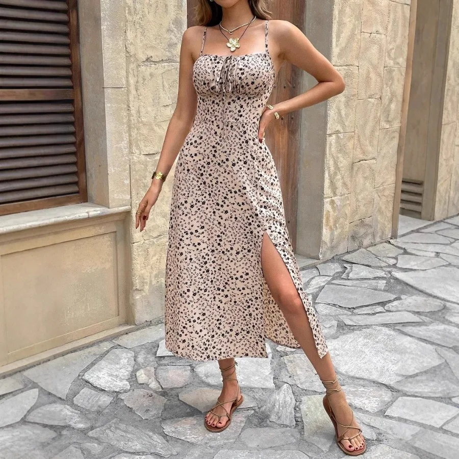 

【New style】Women's full-body printed sexy suspender mid-length dress summer commuting minimalist socialite style
