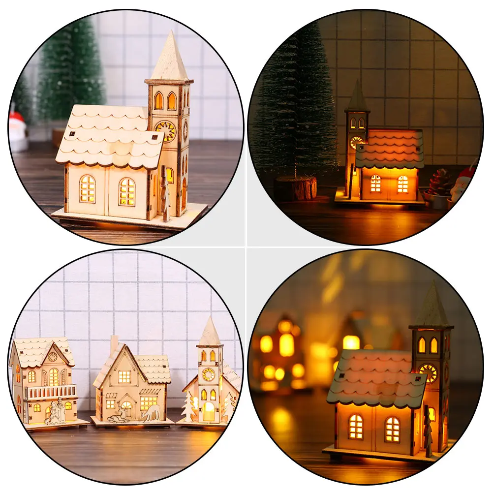 

2pcs Luminous Wooden Church Adorn Christmas Home Decor Creative Desktop Prop Khaki Glowing Holiday Decoration Showcase Ornament