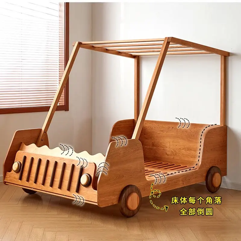 Tempat tidur anak model mobil sport kartun, tempat tidur anak kayu solid dengan pagar
