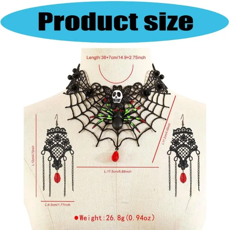 39bd نساء بيان القوطي مجوهرات مجموعة قلادة من الدانتيل مع أقراط أقراط أزياء الهالوين الملحقات