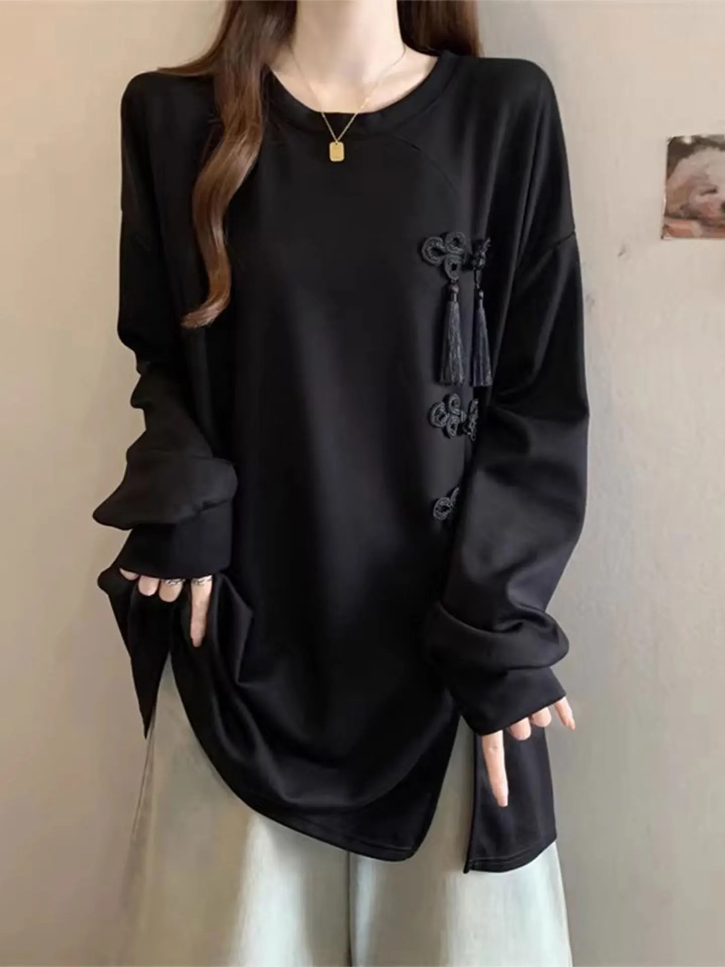 

New Chinese Sle Long Sve Sweatirt Base irt Women's Sle Spring Large Size Fat MM Mid-Length Side Slit Top