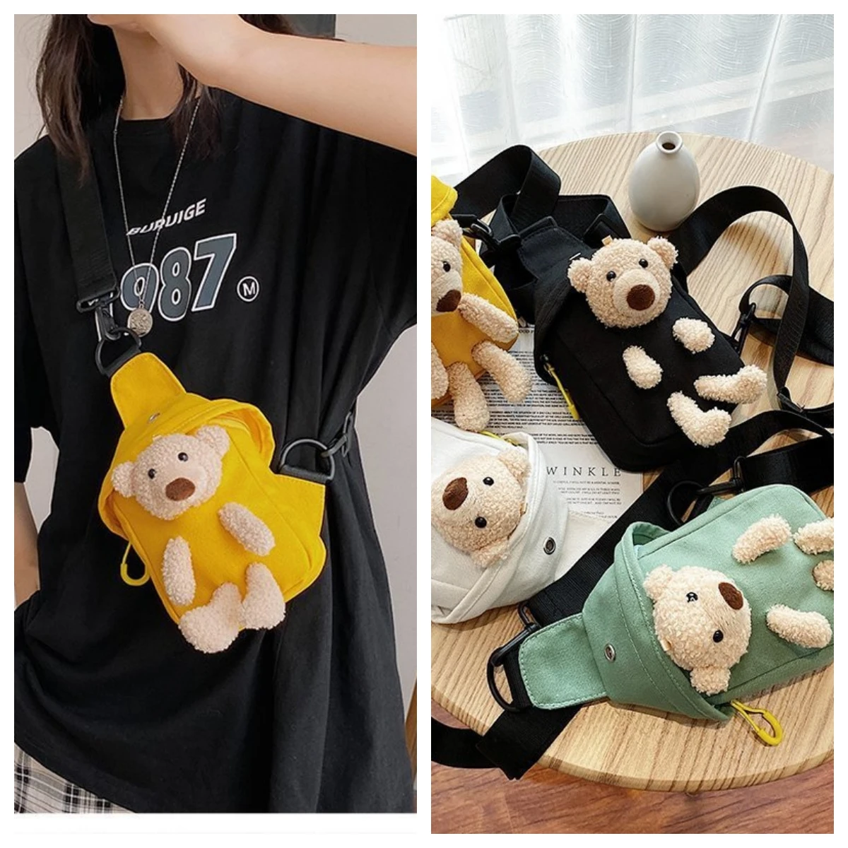 New Cute Canvas Cartoon Shoulder Bag for Women Girls Little Bear Chest Bag Single Shoulder Crossbody Bag Coin Purse Phone Pouch