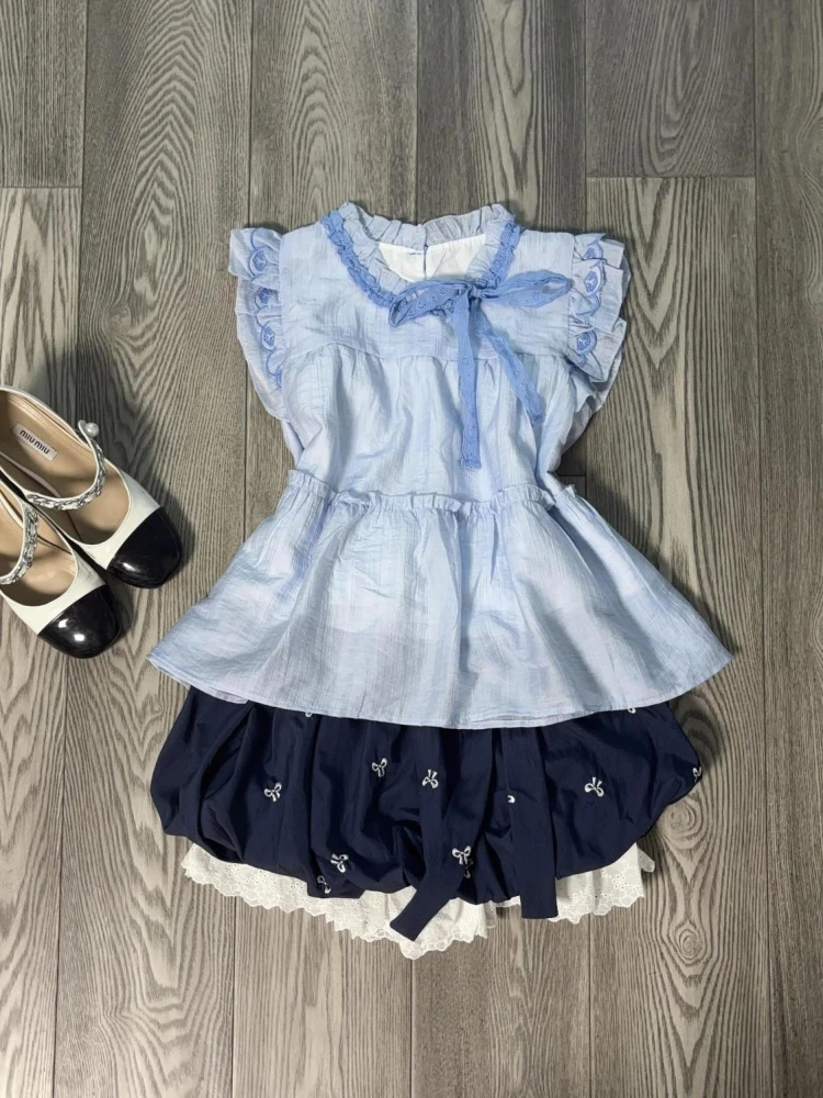 

Милый комплект из 2 предметов в японском консервативном стиле, женские топы без рукавов с бантом + пышная юбка с принтом, новый летний модный костюм Kawaii Harajuku