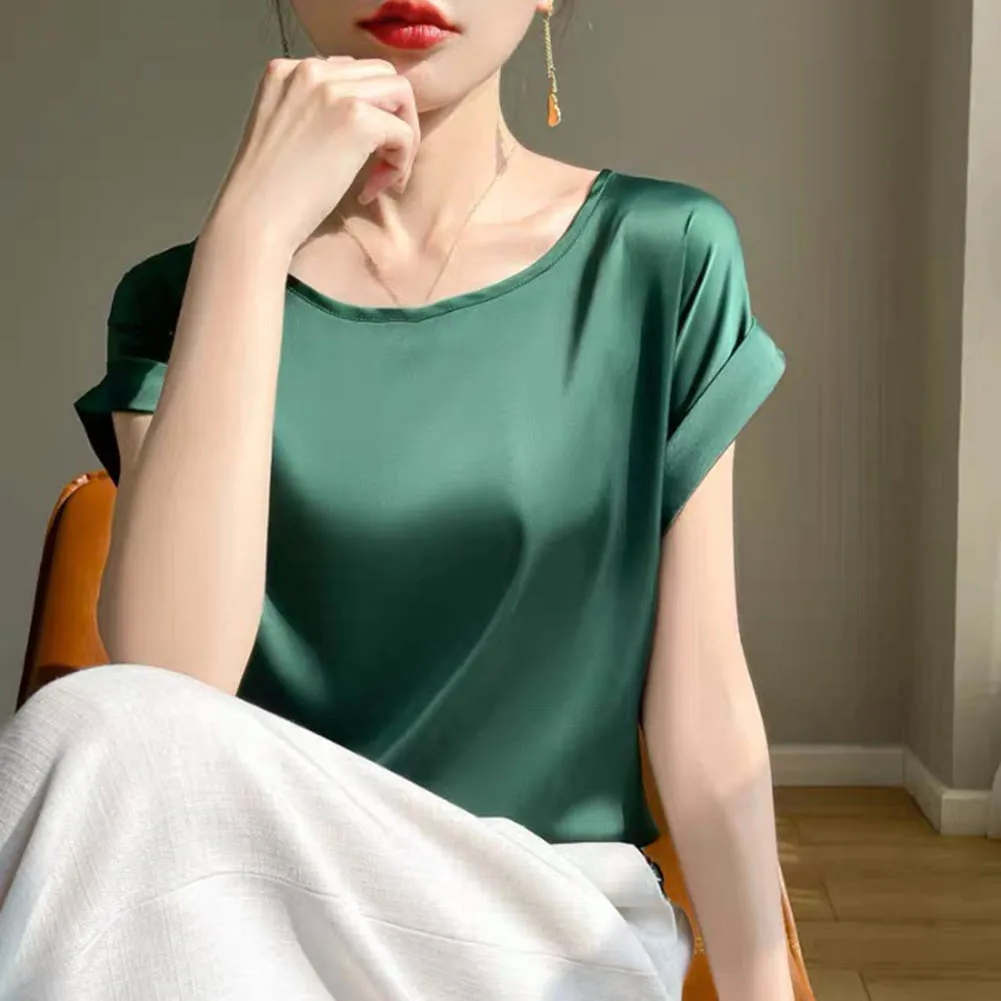 Women Summer Short Sleeve O Neck Satin Blouse Loose Casual Office Top for Daily Wear T Shirt with Solid Color Design