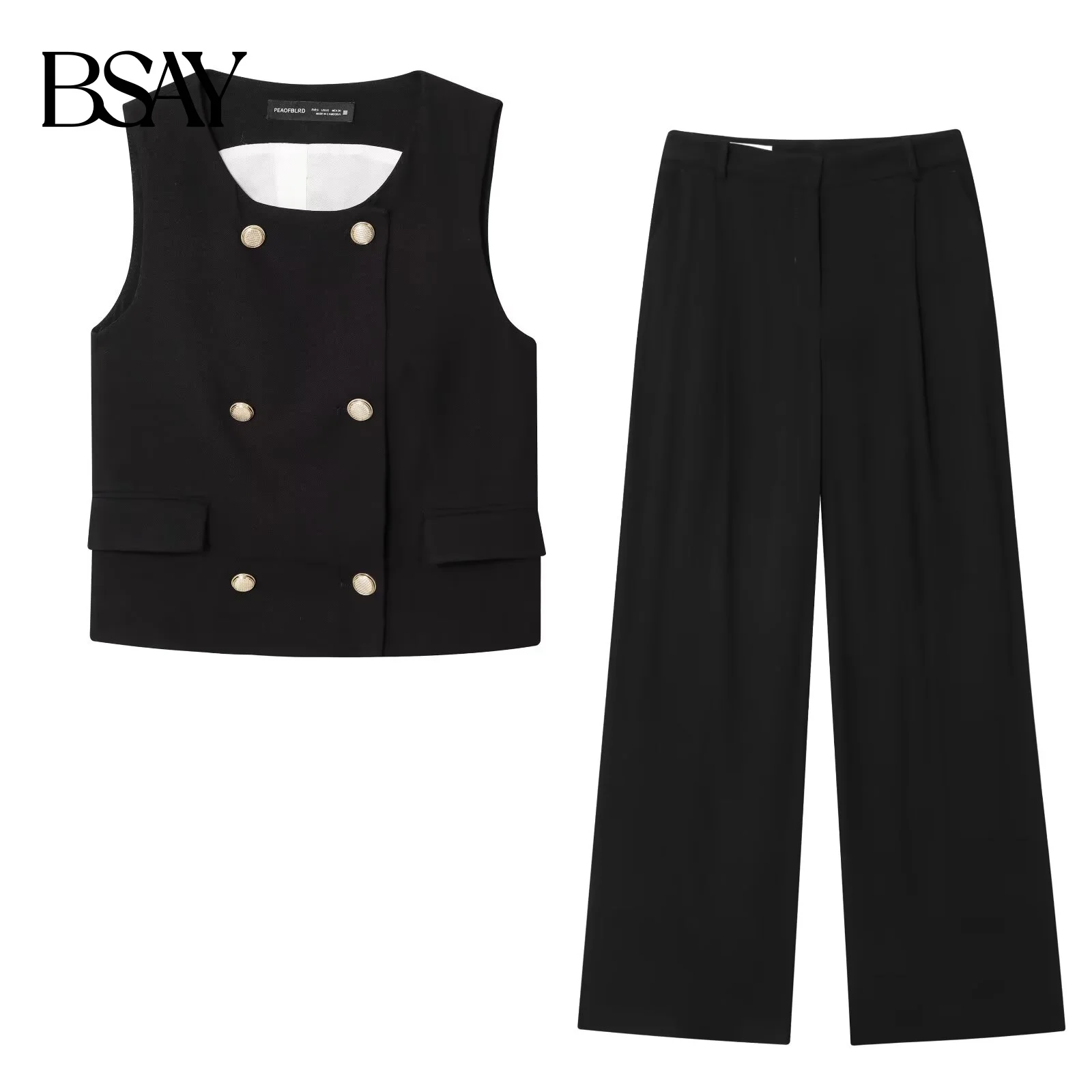 BSAY New Collection 2025, ärmelloses Damen-Set mit Rundhalsausschnitt, zweireihiges, vergoldetes Knopf-Tanktop oder gefaltete, lockere Hose