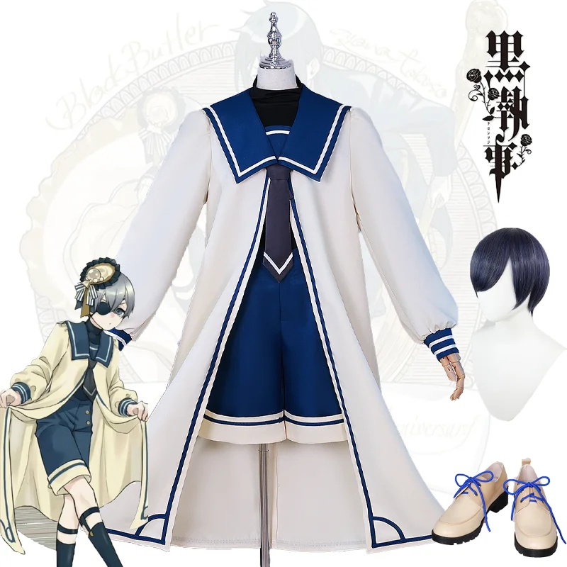 Mordomo preto Ciel Phantomhive Cosplay masculino, uniforme de Vieira, peruca e sapatos, roupa de Carnaval, festa de Halloween