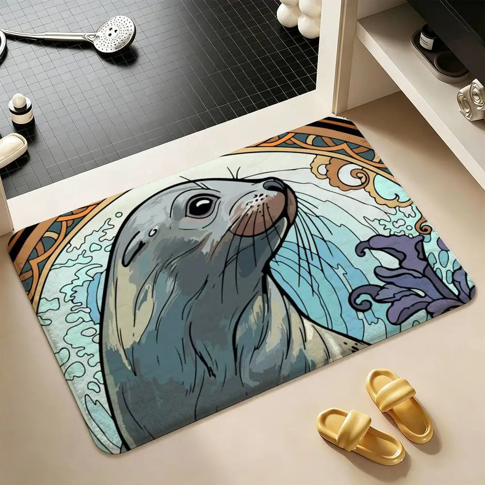 Cute Seal Sea  Shower Room Small Carpet Floor Mat  Absorbent Foot Mat Decorative Mat Soft and Comfortable