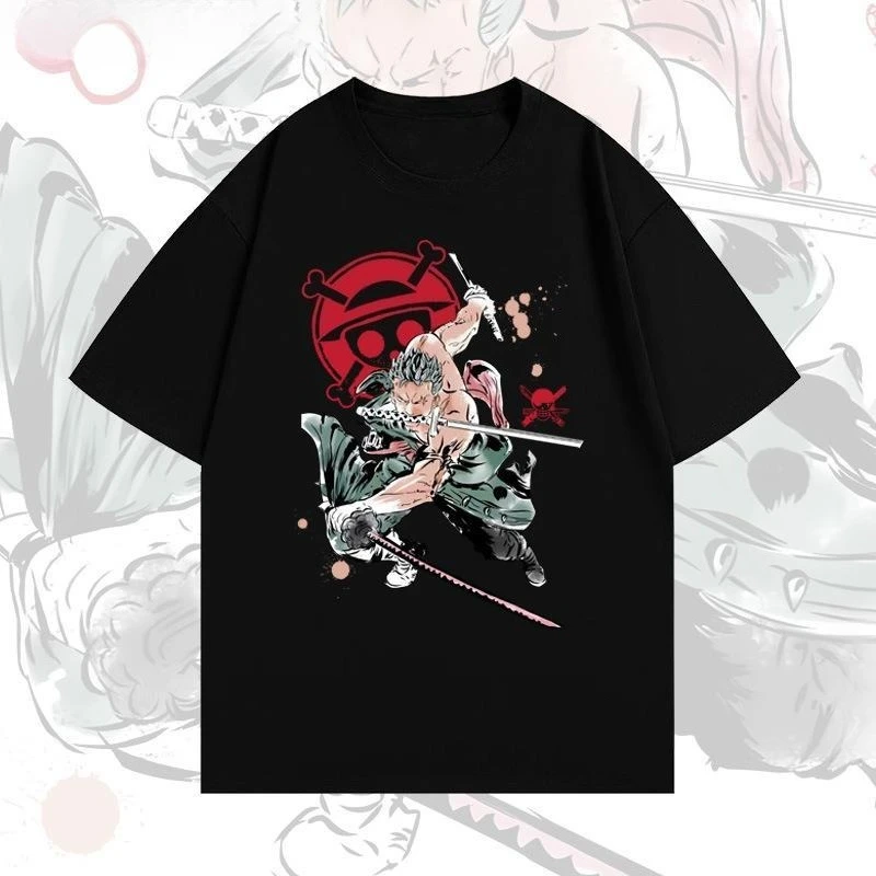 Bandai genuino ONE PIECE Anime japonés One Piece Zorro Tide impreso manga corta Camiseta suelta para hombres y mujeres