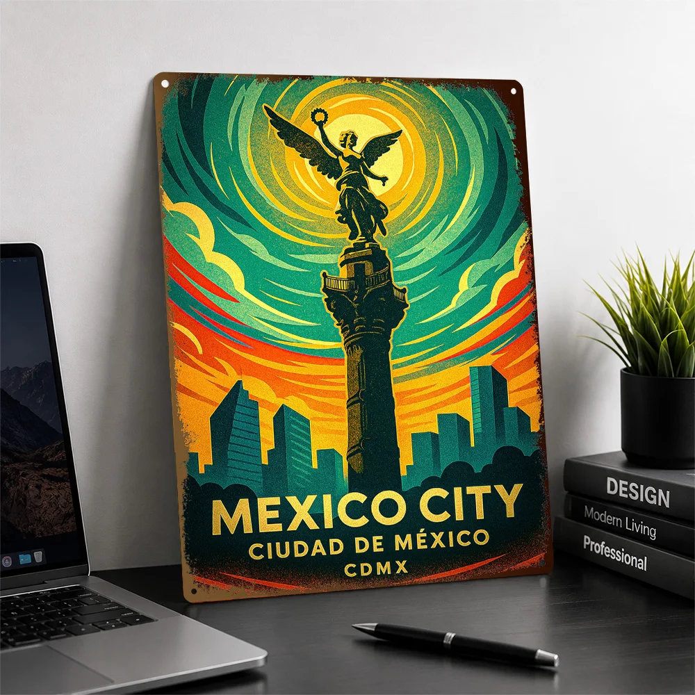 Mexico City Deco Travel Illustration Printed Poster Personalized Aluminum Metal Sign Scenic Destination Wall Art For Travelers