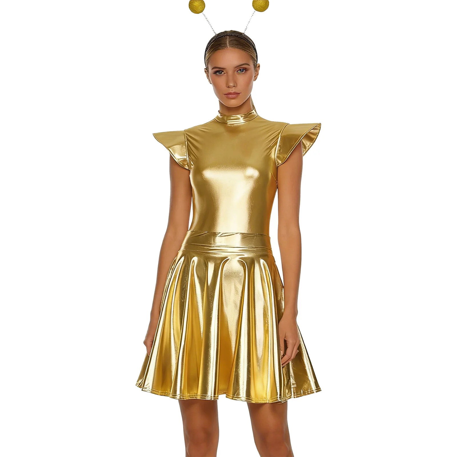 

Женский металлический костюм робота-инопланетянина: боди с рукавами-крылышками, плиссированная юбка с высокой талией и головной убор для вечеринок на Хэллоуин