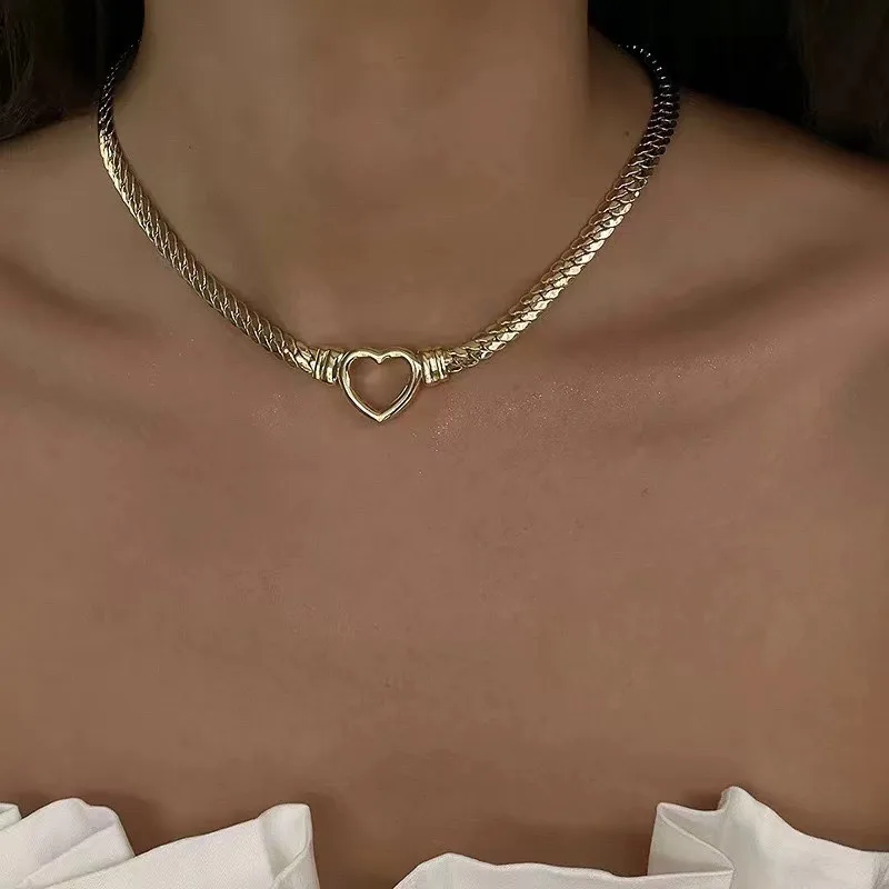 ANENJERY 316L Stainless Steel Hollow Heart Thick Necklace Bracelet For Women Snake Bone Chain Ins Fashion Jewelry Set Gifts