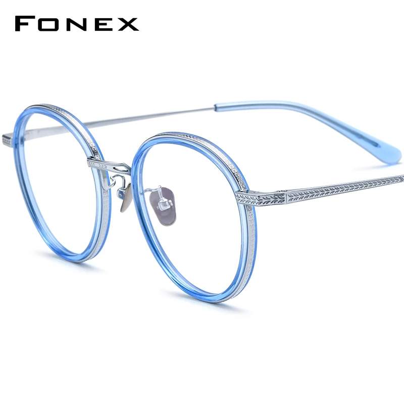 FONEX Acetate Titanium Glasses Frame Men 2023 New Women Grace Retro Round Eyeglasses Eyewear N-027