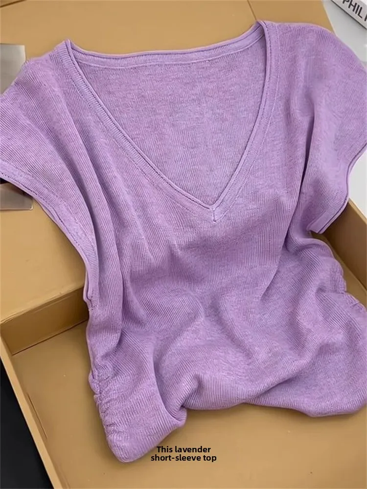 Versátil malha ort sve v-ne camiseta masculina puro desejo casual sle coreano faion verão topo umidade ng