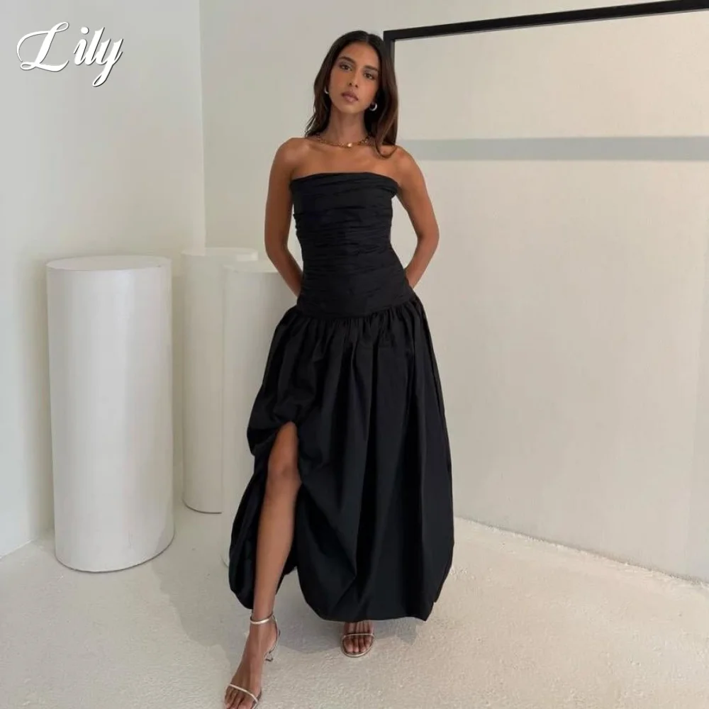 

Черные платья для выпускного вечера лилии, атласное праздничное платье без бретелек, простое трапециевидное платье без рукавов, вечернее платье с разрезом по индивидуальному заказу