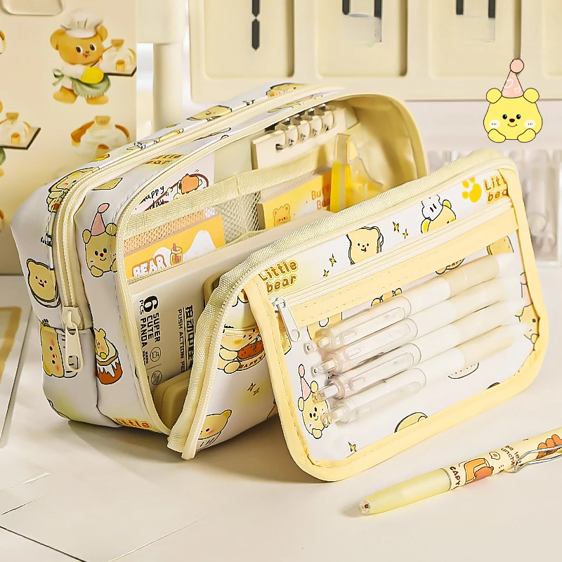 

Cartoon Bear Pain Bag Flip Pen Bag Multi functional Large Capacity Stationery Bag High Beauty Pen Box Storage Bag