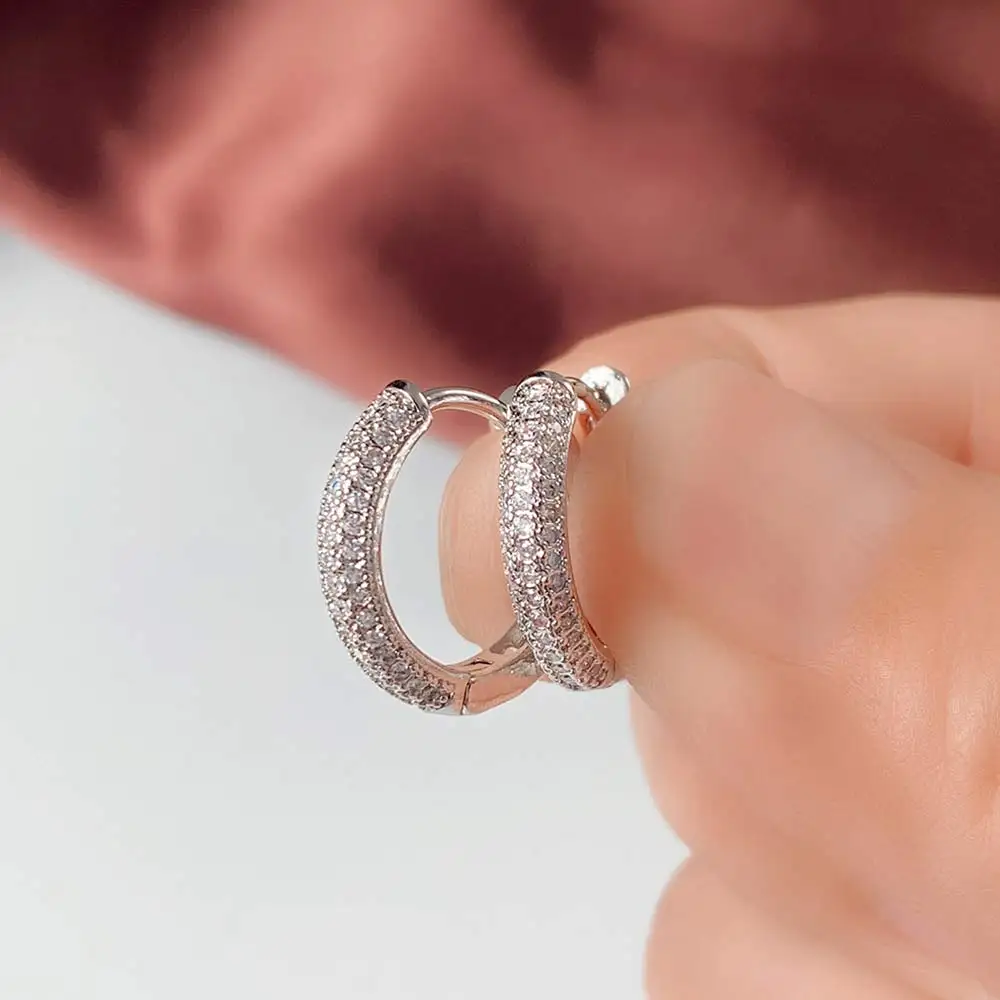 Women's Silver Color CZ Hoop Earrings, Minimalist Style