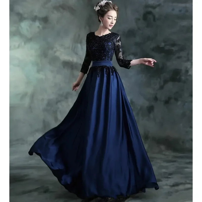 

Синее свадебное платье с длинными рукавами, новинка 2026, осенне-зимнее платье для банкета, ежегодной вечеринки, длинное вечернее платье на молнии