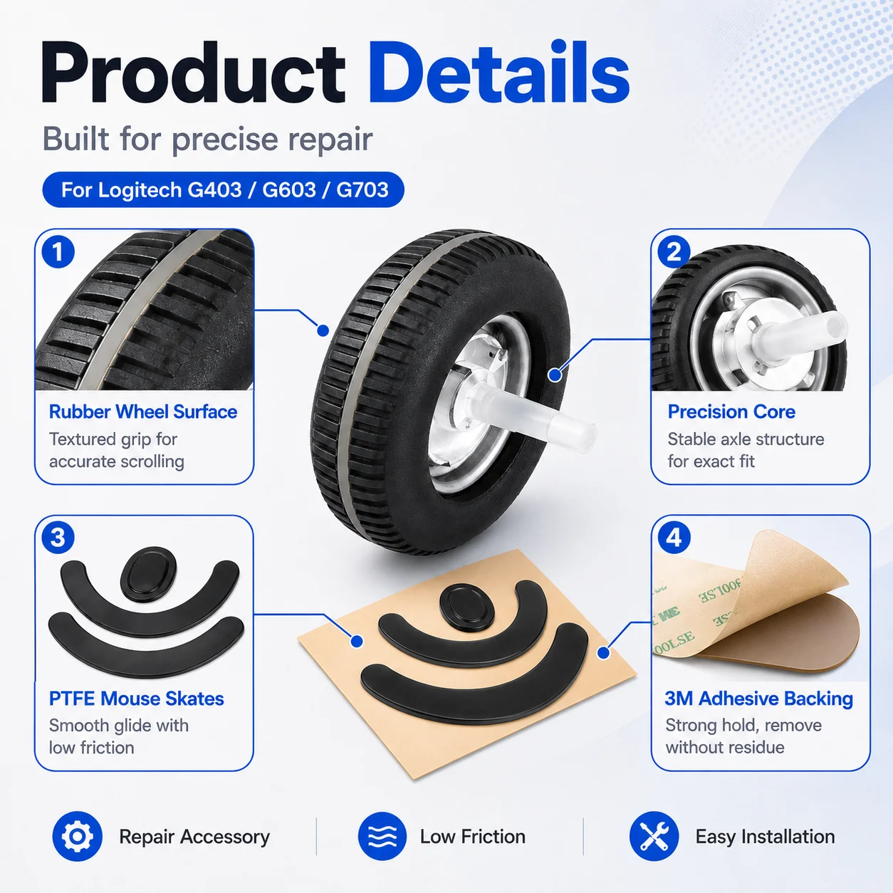 For Logitech G403 G603 G703 Mouse Scroll Wheel Replacement PTFE Mouse Feet Skates 3M Adhesive Gaming Mouse Repair Parts Kit