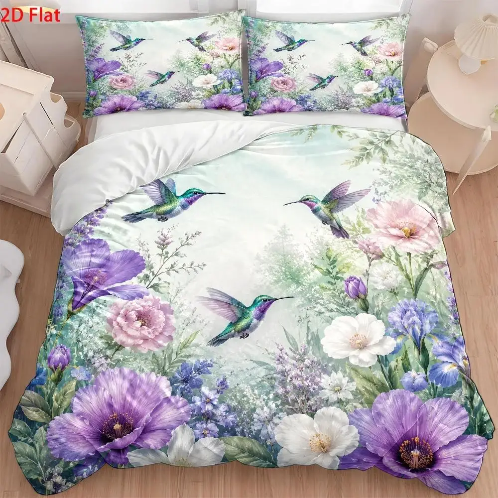 3Pc Pastoral Hummingbird Floral Quilt Cover Set Double Bed Duvet Cover with 2 Pillowcases Polyester Breathable Machine Washable