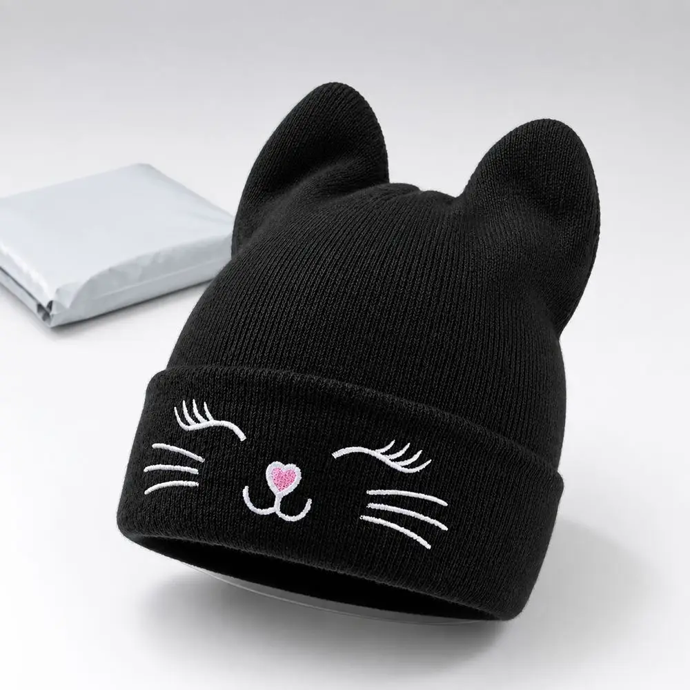 New Yarn Cat Ear Beanie Stretchable Knit Y2K Harajuku Knitted Beanie Hat Punk Gothic Striped Beanie Women and Men