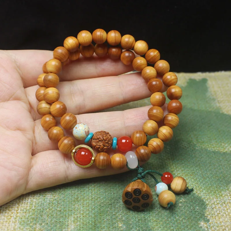 Bamboo wood horizontal grain 8mm double-loop bracelet with lotus pod pendant, unisex cultural and religious prayer beads and Bud