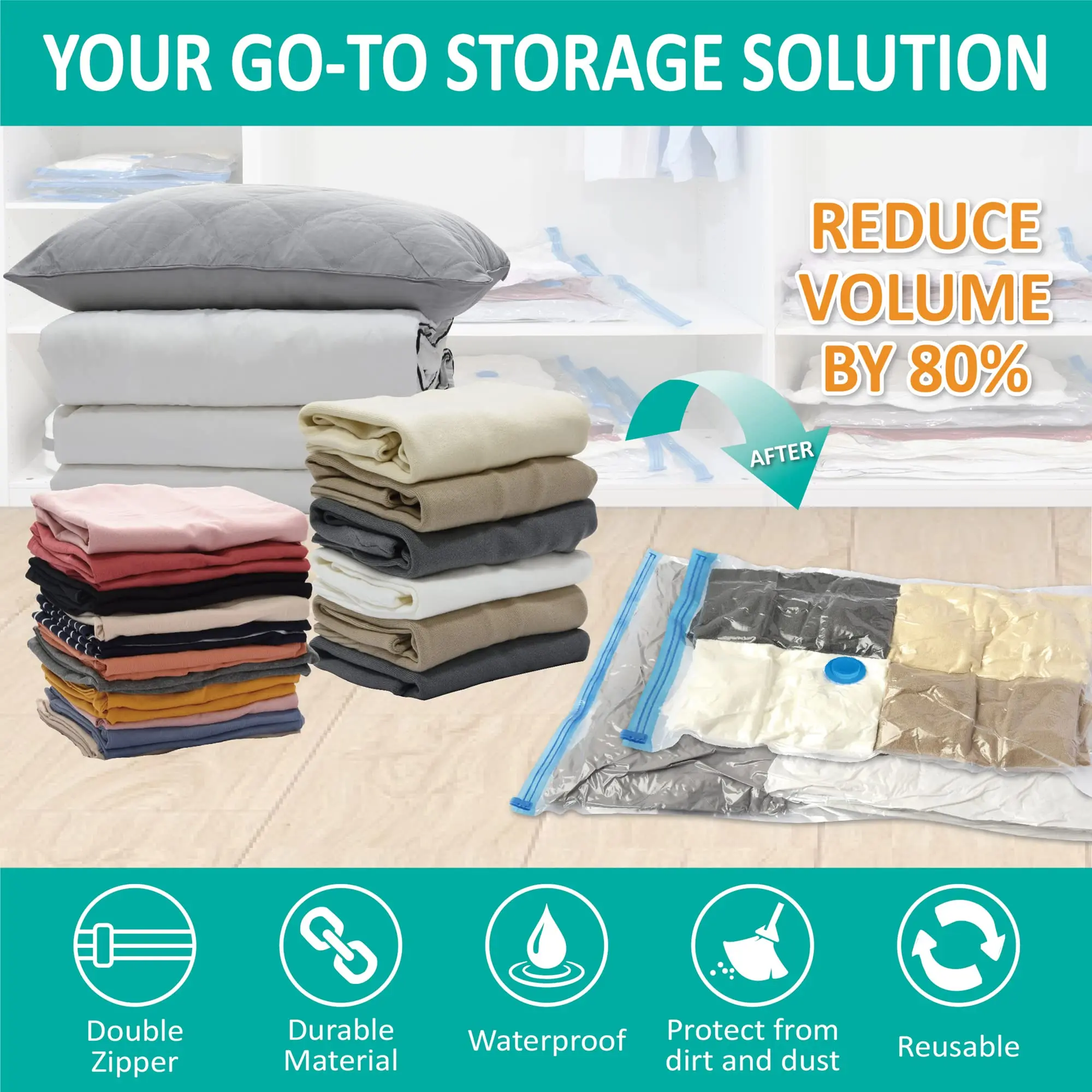 Vacuum Storage Bags Space Saver 80% More Compression Organizer Vacuum Sealer Bags with Travel Hand Pump for Blankets Clothes