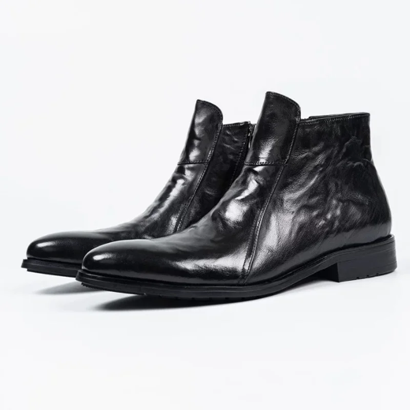 New Autumn Winter Leather Boots For Men Plush Warm Chelsea Short Boots Leather Anti-wrinkle Hand Grip Pattern Dress Man Boots