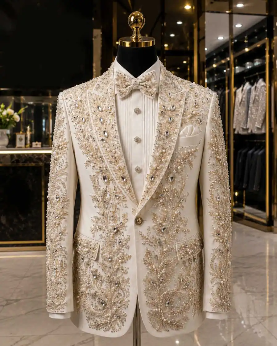 Luxury Man Tuxedos Beaded Single Breasted Peaked Lapel Wedding Suit Handmade Crystal Pearls Evening Groom For Party Customized