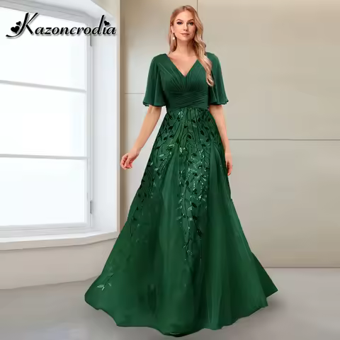 Kazon Glitter A-line Groom Mother of The Bride Dress V-nevk Lace Appliques Pleat Zipper Women&rsquo;s Evening Dress Customized