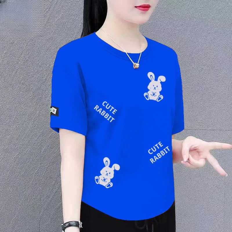Summer New plus Size Women's T-shirt Short Sleeve Shoulder Width Regular Print Casual Loose Fit round Neck Top for Middle-Aged