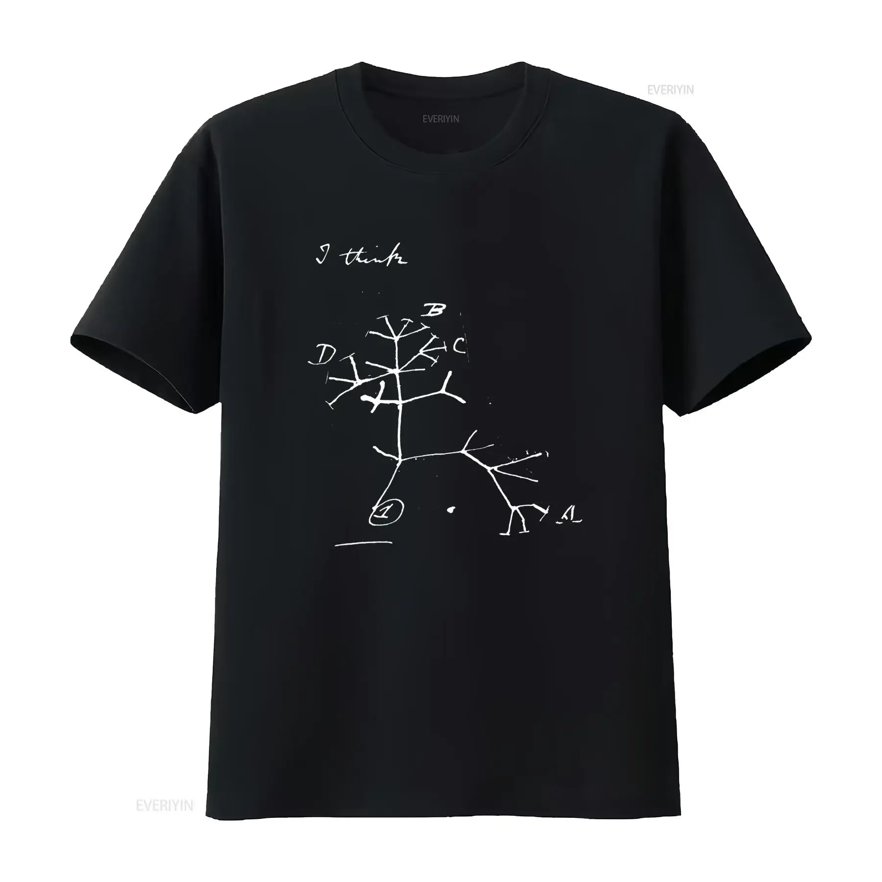 T-shirt décontracté imprimé avec un dessin d'art linéaire noir et blanc représentant l'arbre de l'évolution de Darwin, style vintage, lavé, respirant, extensible et confortable