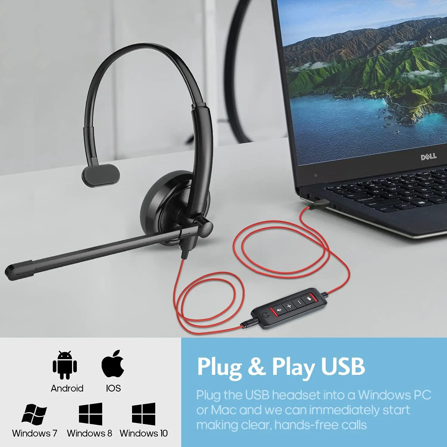 HROEENOI Premium USB Wired Headset with Noise-Cancelling Microphone,Ideal for PC,Laptop,Zoom Calls,Skype Meetings,Call Center