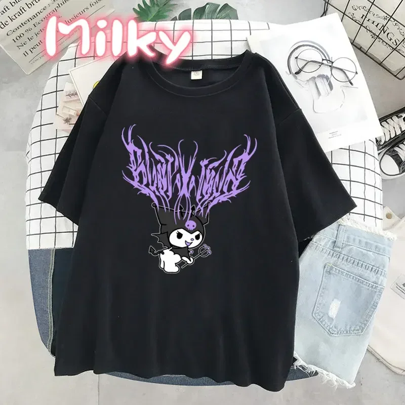 Punk Gothic Kuromi Print Short Sleeve Melody T-shirt Women Tops Summer Streetwear O-neck Harajuku Cartoon Tshirt Girls Crush Tee