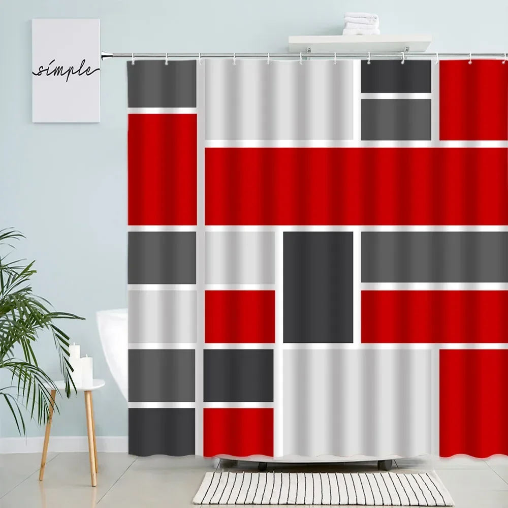 ستائر استحمام هندسية بخطافات ، ديكور حمام ، ستارة حمام ، قماش بوليستر ، رمادي أسود ، فيروز ، مربع ، منقوش ، إبداعي