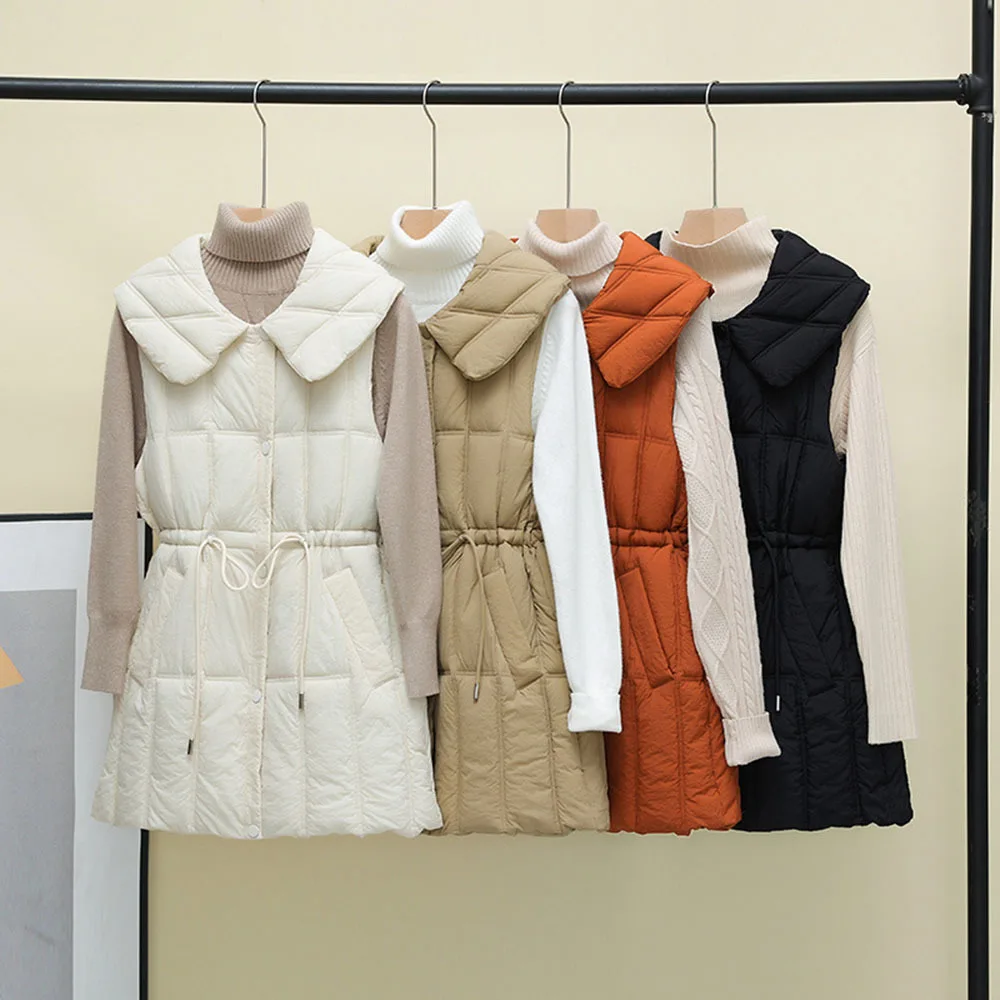 Autumn Winter Women Down Cotton Vest Coat Lady Turn-Down Collar Snow Drawstring Top Female Sleeveless Jacket Waistcoat Outerwear