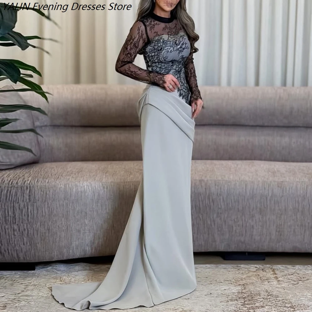 

Women's Mermaid Evening Dresses Floor-length O-neck Full Sleeve Prom Dresses Fashion Lace Pleat Simple Draped Customized Gowns