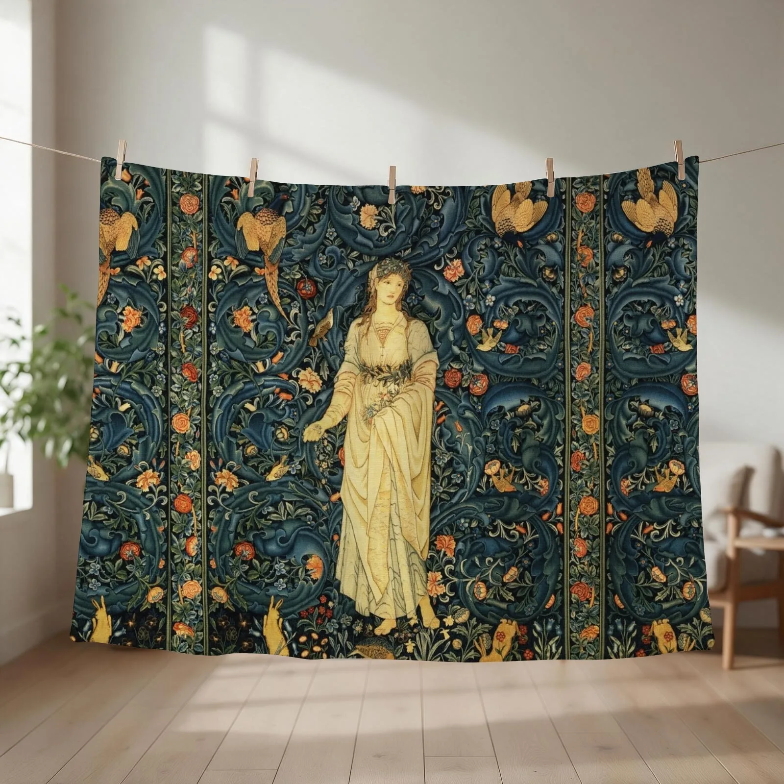 LADY FLORA, GREENERY, FOREST ANIMALS ,BIRDS ,RABBITS Blue Green Floral Tapestry Throw Blanket