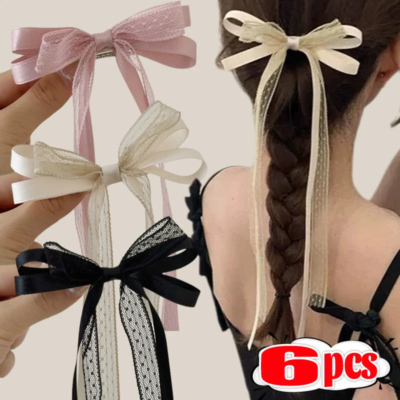 

2/6pcs Korean Lace Bowkont Hair Clip Trend Long Ribbon Hairpins Barrettes Headband for Girls Hair Accessories Wedding Jewelry