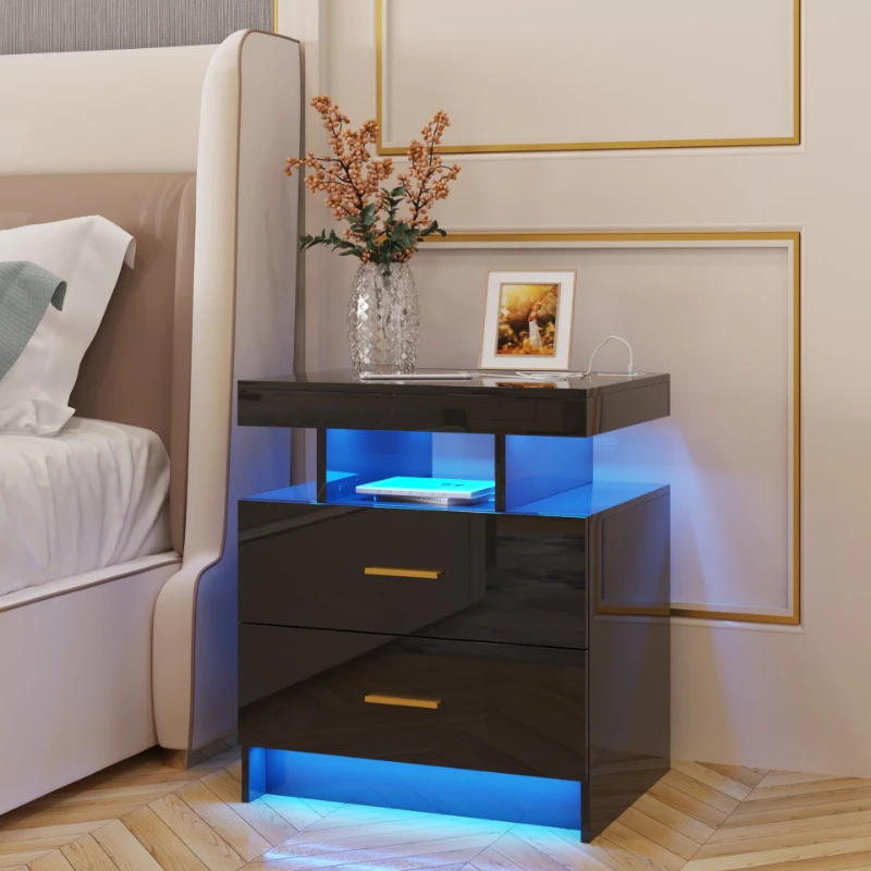 

LED lamp bedside table human body induction USB port end side table with drawer/open storage table side cabinet