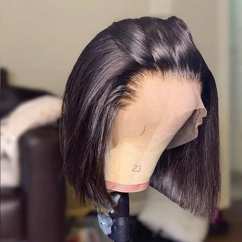 

Парик Боб Черный Прямой Парик Фронта Шнурка 13x4 HD Короткие Парики Шнурка Синтетическое Термостойкое Волокно Волосы Средняя Часть Бесклеевой Косплей