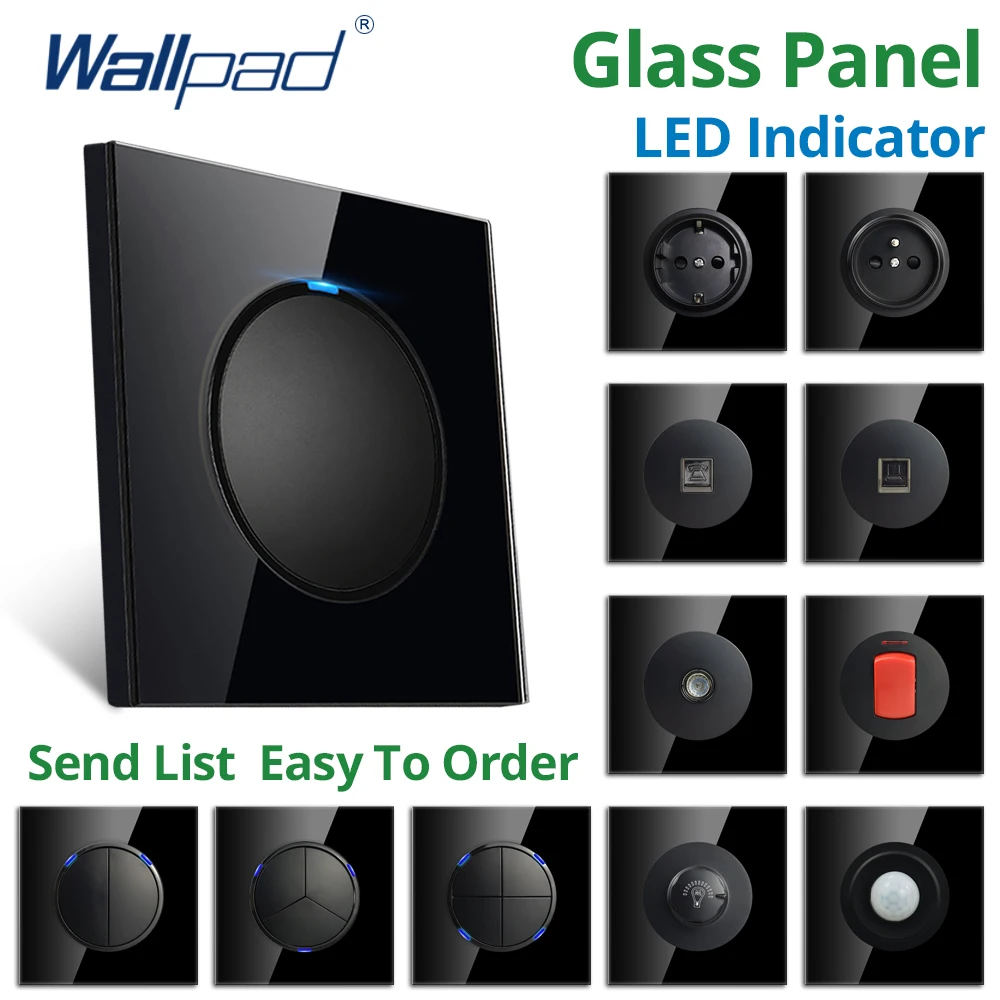 Wallpad Push Button Wall Light Switch Blue LED Indicator Socket Black Tempered Glass Panel For Home AC110-220V 16A