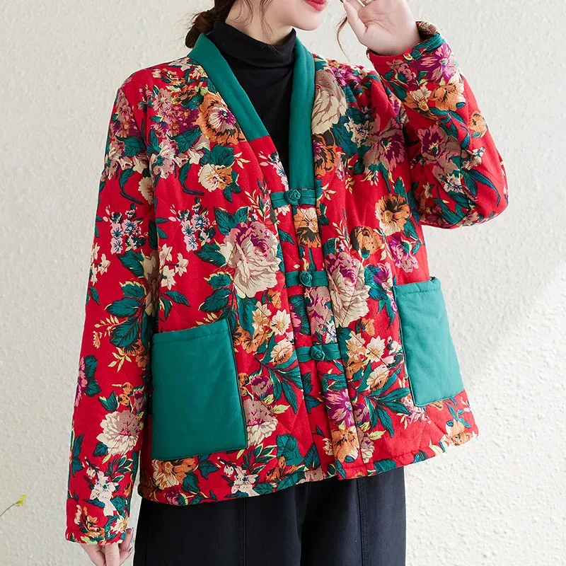 شمال شرق الصين طباعة زهرة سترة مبطنة بالقطن ثوب الكيمونو الياباني سترة الشتاء معطف سميك Haori Yukata زي العرقية