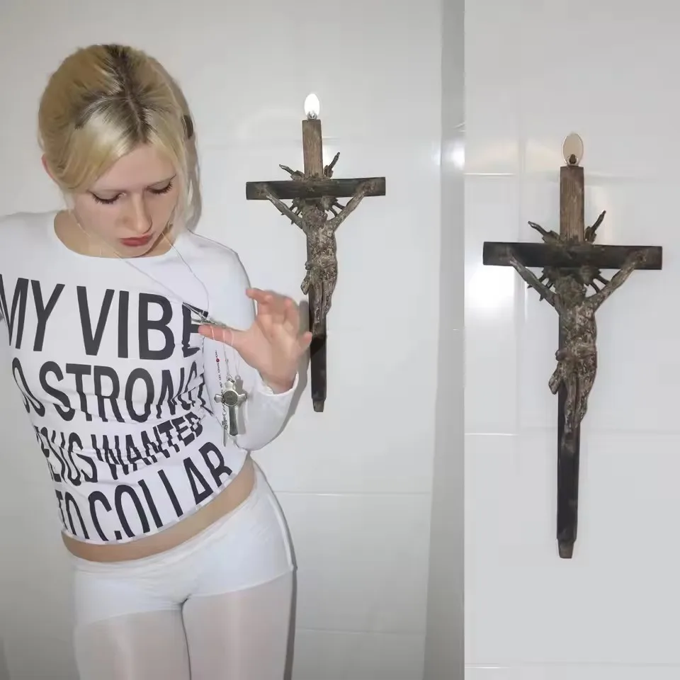 2000s Y2k subculture cross print set women's round neck slim fit Slim T-shirt Spring Goth Hot Girl High Street Unisex T-shirt